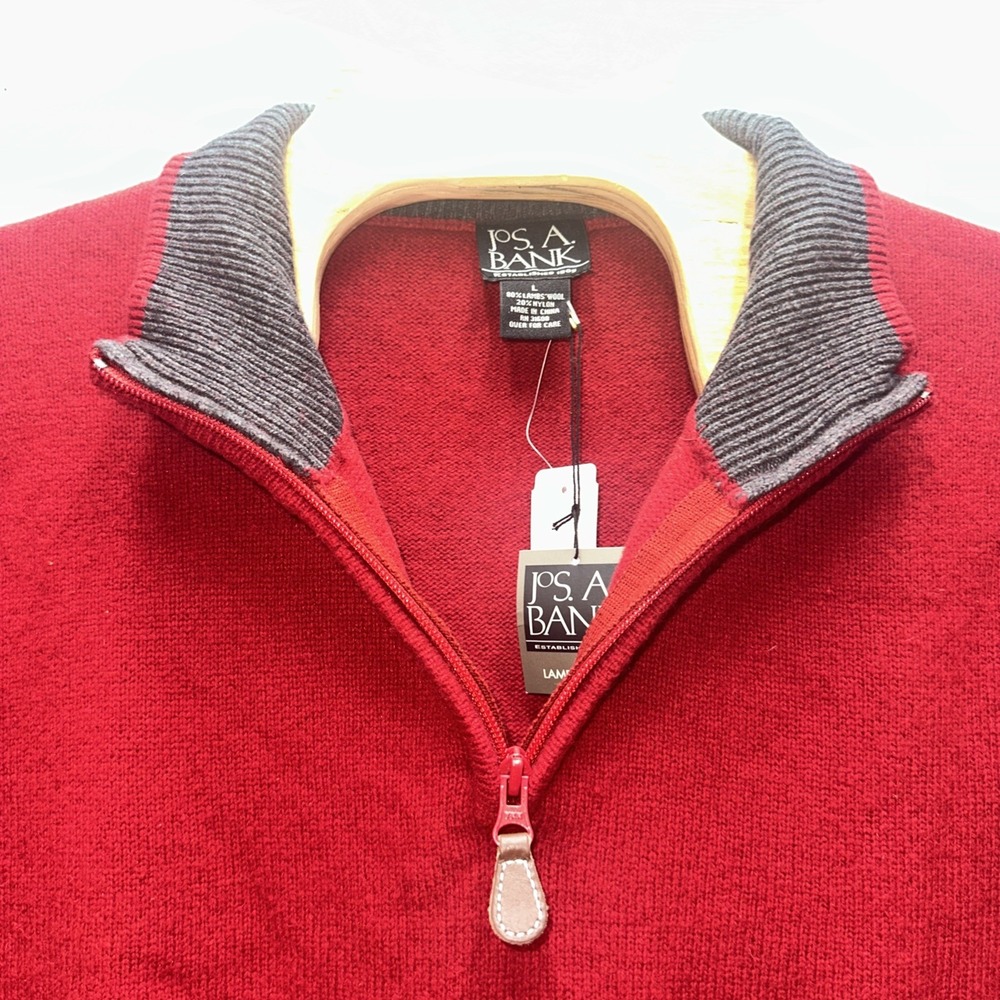 Jos A Bank Mens Red Lambswool Blend Quarter Zip Sweater Mock Neck Large NWT - Picture 4 of 5